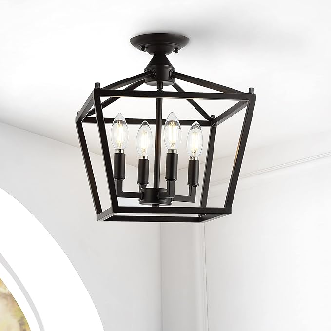 JONATHAN Y 12" Oil Rubbed Bronze Modern Farmhouse Pagoda 4-Light LED Semi Flush Mount Lantern, Metal Ceiling Light Fixture for Kitchen, Hallway, Entryway, Bedroom, Hardwired JYL7610A