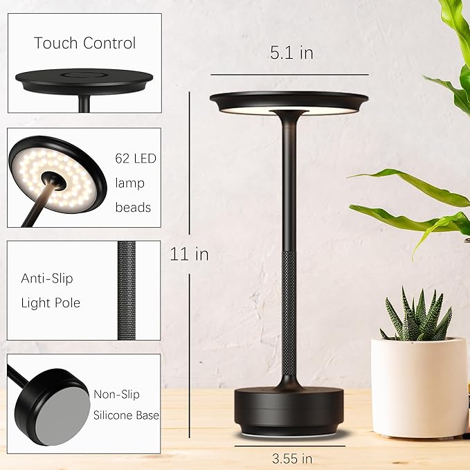Rechargeable Cordless Table Lamp, LED Portable 5000mAh Touch Table Light, 3 Color Stepless Dimming Battery Powered Table Lamp for Restaurant/Home/Outdoor/Camping.(Black)