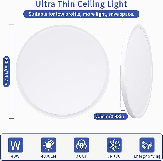 20 inch Led Ceiling Light, Ultra Thin Dimmable Flush Mount Ceiling Light, 3000K/4000K/6500K Selectable Round Ceiling Lamp for Bedroom Kitchen Living Room,White