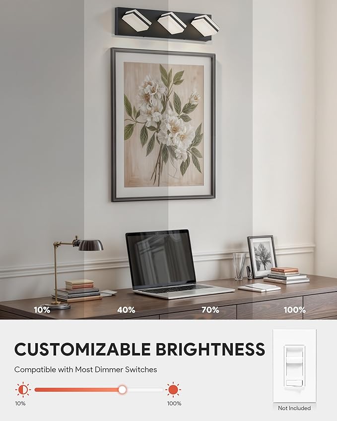 VONLUCE Bathroom Vanity Light Fixture, 3-Light Modern LED Vanity Lights, 3CCT Adjustable Bathroom Light with Memory Function Rotatable Shades, 18" Wall Lighting Fixture Over Mirror, Matte Black