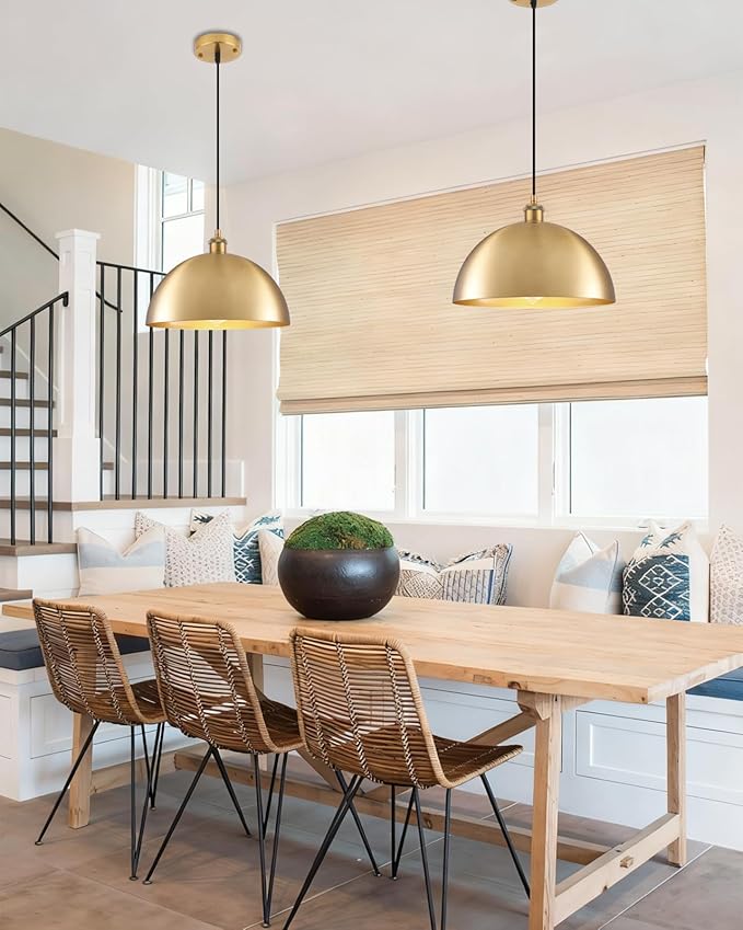 Gold Pendant Lights, 11.8" Farmhouse Pendant Light for Kitchen Island, Vintage Pendant Light Fixtures for Dining Room, Living Room, Bedroom, Dome Pendant Lighting, 2 Pack