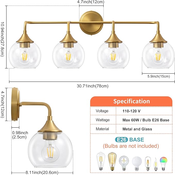 Bathroom Vanity Light Gold, 4 Light Bathroom Light Fixtures Over Mirror with Clear Glass Shade, 31 inch Vanity Lights for Bathroom Farmhouse (Exclude E26 Bulb)