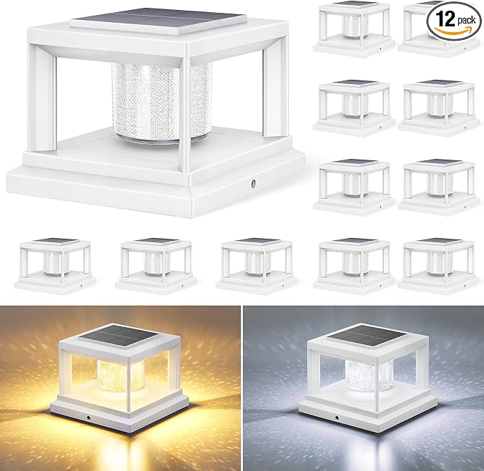 FOLKSMATE Solar Post Cap Lights 12 Pack, 2 Lighting Modes Cool/Warm White Outdoor Solar Powered, Waterproof Fence Deck Lights for 4×4 3.5×3.5 Wood Vinyl Posts, for Garden Patio Porch Decor, White