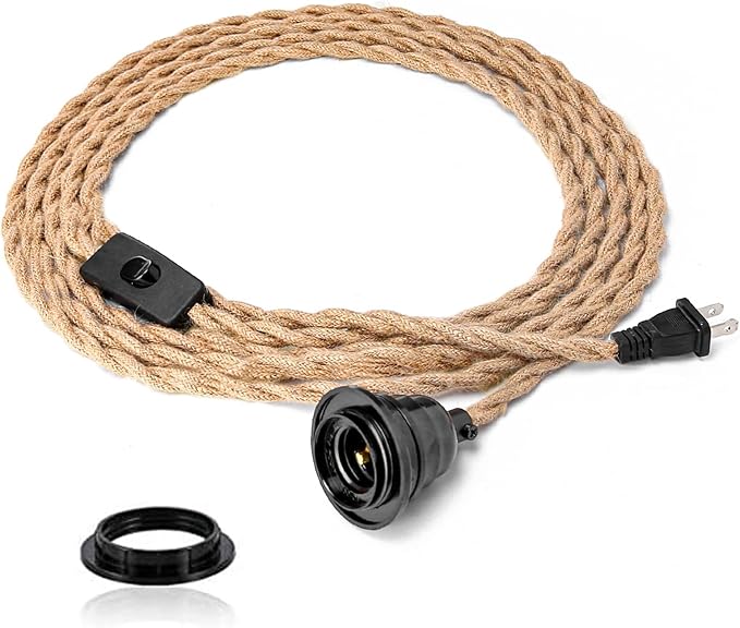 Industrial 15ft Pendant Light Cord - Hanging Light Kit with Switch Plug, Plug-in Pendant Light Cord Rope Pendant Lights Socket Set E26 E27 for Pendant Lamp Farmhouse Lamp Cable DIY Room Decor