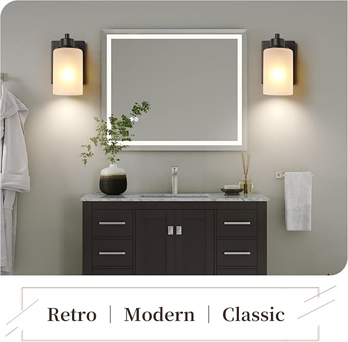3-Pack Modern Wall Sconces, Indoor Bath Vanity Light Fixture Bathroom for Living Room, Porch, Bedside, Farmhouse Black Finish with White Frosted Glass Shades Wall Mounted Lights