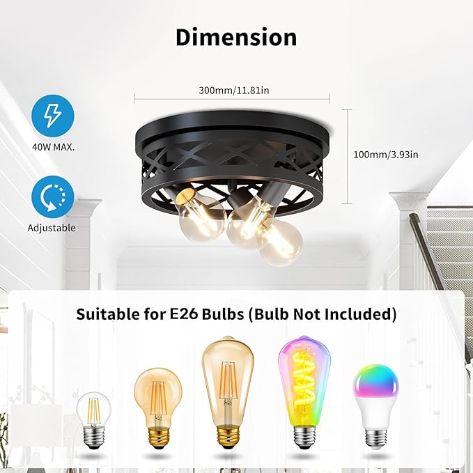 LVWIT 11.8 Inch Flush Mount Ceiling Light Fixtures, 3-Light Black Hallway Light, Round Light Fixtures Ceiling Mount for Kitchen Entryway Hall (E26 Base, Bulbs Not Included)