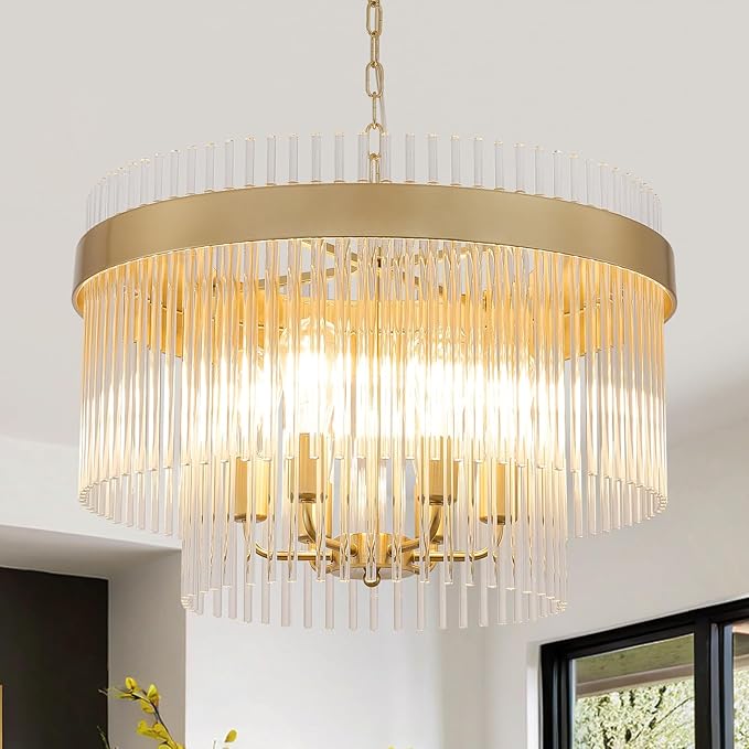 Dijiahua Modern Gold 23.6”Round Chandelier for Dining Room,6-Light Pendant Lights Kitchen Island 1 Pack,2-Tiers Luxury Brushed Brass Adjustable Cord Ceiling Hanging Lamp for for Entryway Living Room