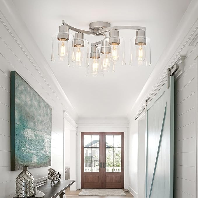 WILON 6-Light Large Brushed Nickel Semi Flush Mount Ceiling Light Fixture, Modern Light Fixtures Ceiling Mount with Clear Glass Shade, Industrial Ceiling Lamp for Dining Room Kitchen Living Room