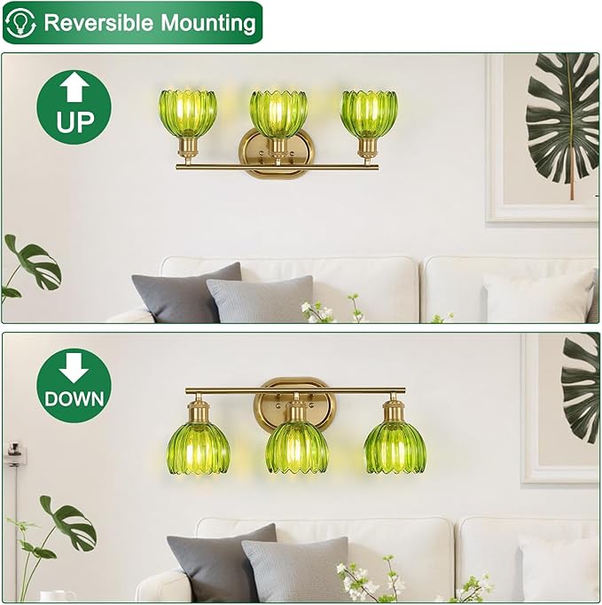 Gold Bathroom Light Fixtures, 3-Light Vanity Lights for Bathroom with Ribbed Green Tulip Glass Shade, Brass Wall Scone Lighting Over Mirror for Farmhouse,Bedroom,Living Room,Hallway