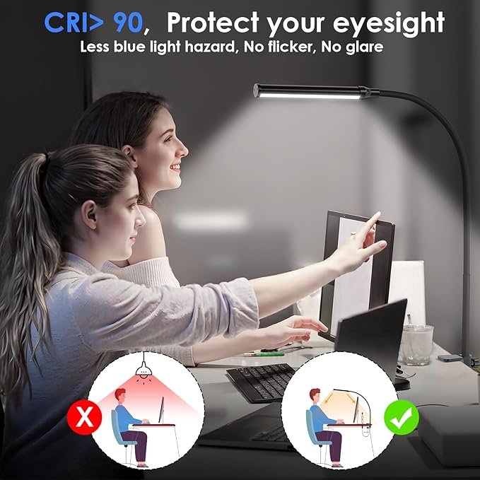 ShineTech LED Desk Lamp with Clamp, Clip On Desk Lamp for Home Office, 5000K Daylight White & Stepless Dimming, Flexible Gooseneck Architect Desk Light, Eye Caring Reading Lamp with USB Adapter