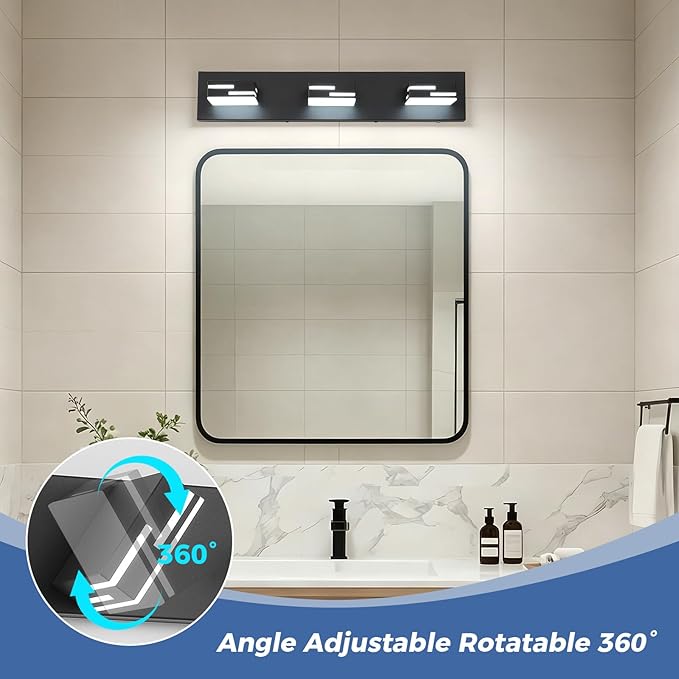 3-Light Modern Bathroom Vanity Light Fixtures, 24-Inch 350° Rotatable LED Vanity Lights Over Mirror, Matte Black Metal Wall Sconce with Acrylic Shade for Makeup Cabinet, Non-Dimmable