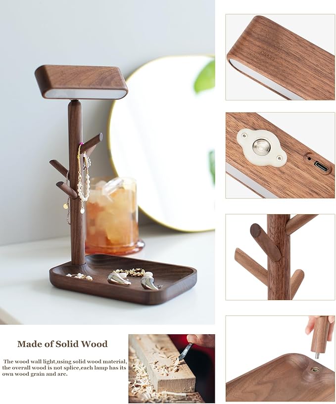 Wooden Table Lamp, Tree Trunk Rechargeable LED Bedside Lamp with Jewelry Tray, 360° Rotating Cordless Lamp for Nightstand or Entryway (Black Walnut)