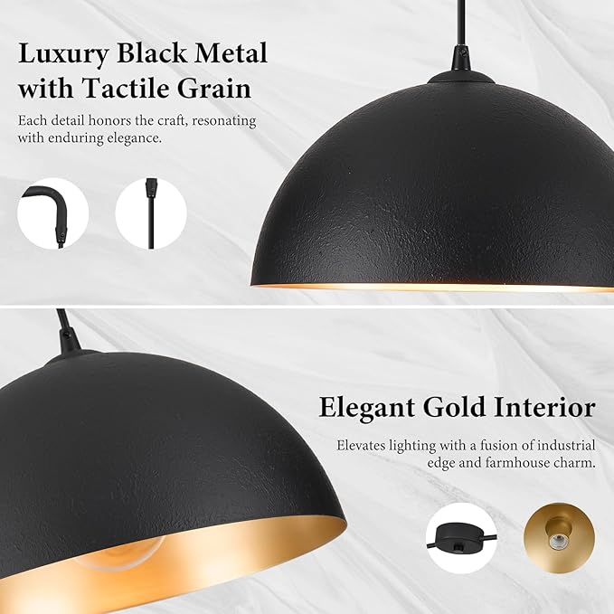 Pendant Lights Kitchen Island, 2-Light Black and Gold Dome Pendant Light Fixtures, Island Lights for Kitchen Farmhouse Dining Room Restaurant
