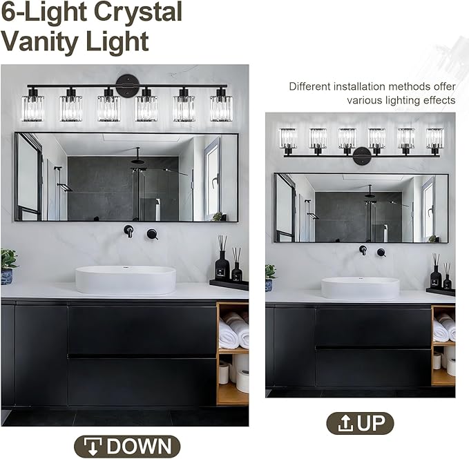 Crystal Bathroom Light Fixtures, Bathroom Lighting Fixtures Over Mirror, Modern Black Gold 5-Light Vanity Lights for Mirror,Restroom, Bedroom (Ceramic E26 Socket,Bulbs Not Include)