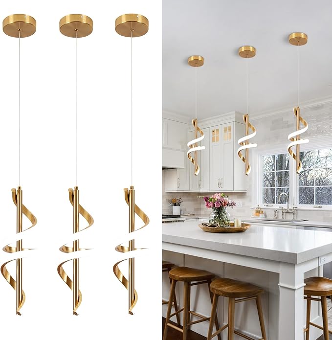 Spiral Led Pendant Light Fixtures, 5500K Gold Modern Led Pendant Lamp Kitchen Island, Adjustable Height Kitchen Island Lights Fixtures for Kitchen Island Dining Room Bedroom Sink, 3 Packs