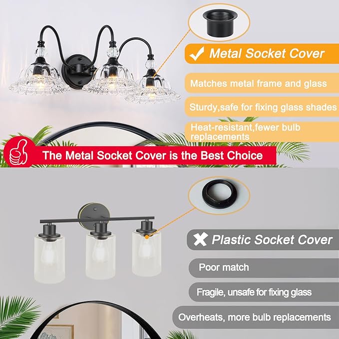 Farmhouse Bathroom Vanity Light Fixtures 2 Lights Matte Black Vanity Lights for Bathroom with Floral Crystal Glass Shade Wall Lighting Fixtures Over Mirror(Exclude E26 Bulb)