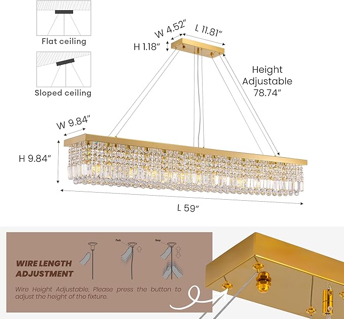59-inch Modern Crystal Chandelier,13-Light K9 Crystal Rectangle Chandelier for Dining Room,Kitchen Island Adjustable Hanging Pendant Light Fixture,Gold Brass