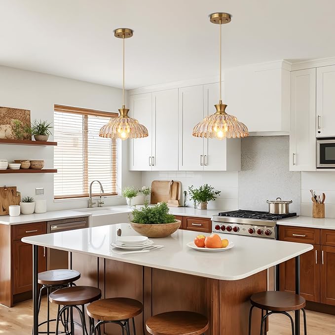Amber Glass Pendant Lights, 11.8" Brushed Gold Lighting Glass Light Fixtures Modern Amber Chandelier Vintage Hanging Ceiling for Kitchen Island Dining Room Restaurant Bedroom Foyer Entryway