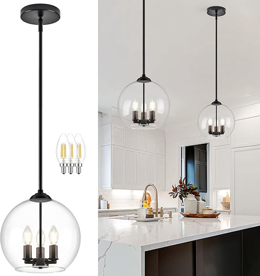 12" Globe Pendant Lights Kitchen Island Glass Globe Pendant Light Fixture Bedroom Mid Century Modern Pendant Lighting Black Pendant Light for Kitchen Island Dinning Room (Bulb Incl.)