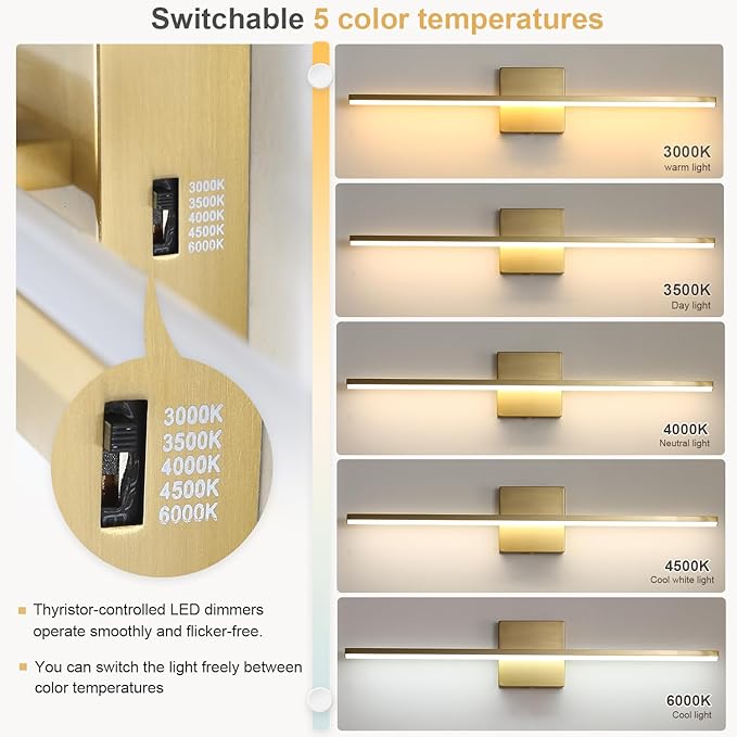Modern Bathroom Vanity Light 24 Inch, 18W Brushed Gold Bathroom Light Fixture Over Mirror, Dimmable 5CCT LED Wall Sconce Lighting for Restro