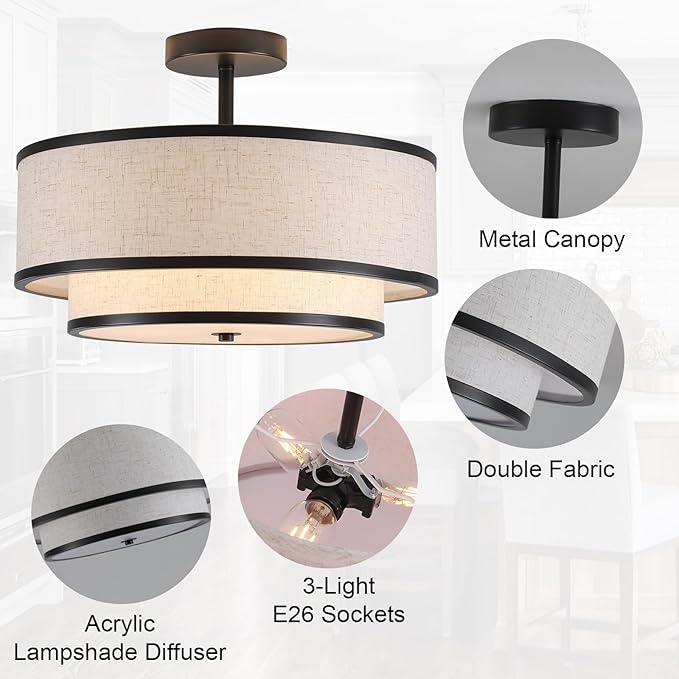Farmhouse Close to Ceiling Light, 3-Light Flush Mount Ceiling Light Fixture with 2-Layer Fabric Shade, Modern Drum Ceiling Lamp for Hallway Bedroom Living Room (Black)