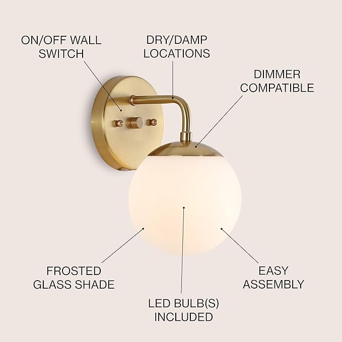 JONATHAN Y 5.75" Gold Painting Modern Globe Wall Sconce Vanity Light for Bathroom, White Frosted Glass Shade, Midcentury Parisian Bistro Wall Lamp, LED Bulb Included JYL3534A