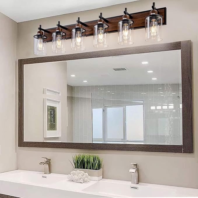 Lanhall 6-Light Farmhouse Bathroom Light Fixtures Vintage Bathroom Vanity Lights Over Mirror Black and Wood Painted Metal Vanity Light for Bathroom with Glass Shades E26 Socket