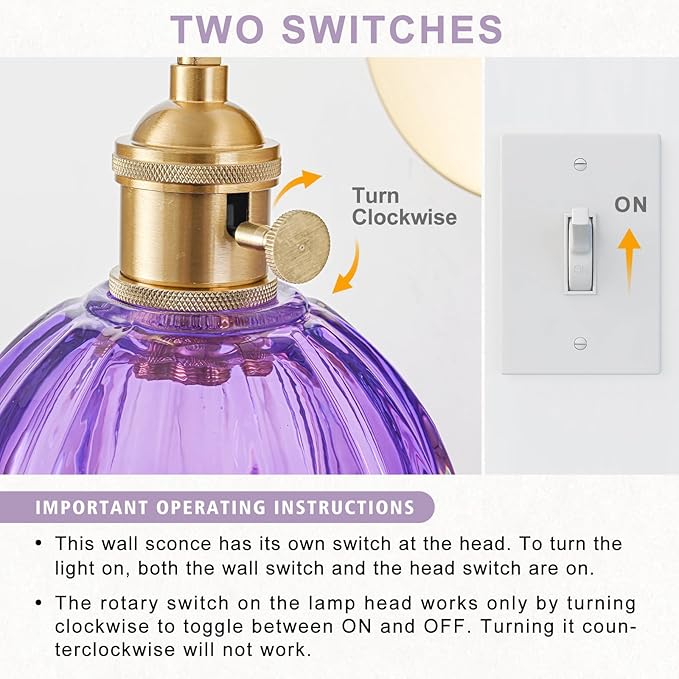 Hardwired Wall Sconce Light, Vintage Wall Sconce with Switch, Gold Wall Light Fixture with Tulip Purple Glass Lampshade, Indoor Wall Light for Bedroom Bathroom, Bedside Wall Lamp