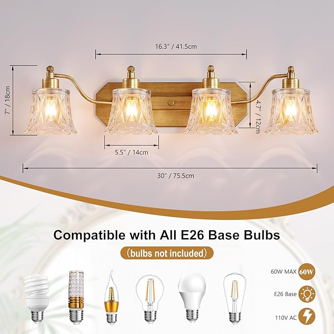 Gold Bathroom Light Fixture, 4 Light Brass Vintage Vanity Light, Antique Gold Finish with Crystal Glass Shade, Antique Brushed Gold Vanity Lights for Bathroom/Bedroom/Hallway