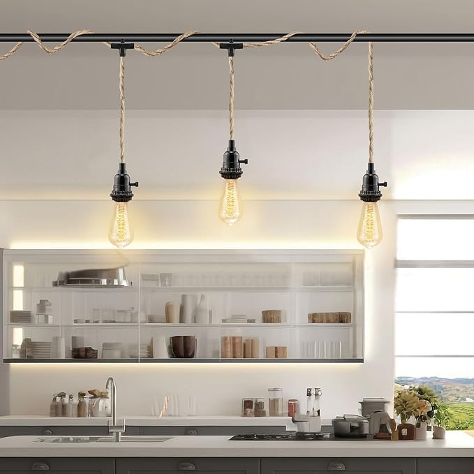 LYOOWNG 3 Light Plug in Pendant Light Cord, 25FT Hanging Lights with Plug in Cord, Hemp Rope Hanging Light Kit with 2 Way Switch, Farmhouse Pendant Light Kits DIY HangingLight