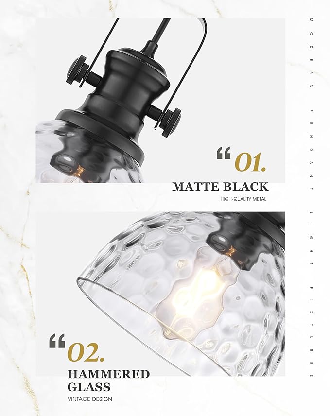 2-Pack Pendant Lights Kitchen Island, 7.5" Farmhouse Black Pendant Lighting with Hammered Glass Shade, Vintage Hanging Light Fixtures for Dining Room Entryway, AD-22151-1P2-BK-H