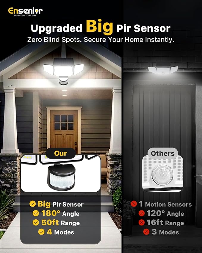 Ensenior Solar Motion Lights Outdoor, 228 LED Solar Security Lights with Remote Control, IP65 Waterproof 3 Heads Flood Light with 4 Modes, 270° Wide Angle Motion Sensor Light Outside - 4 Packs