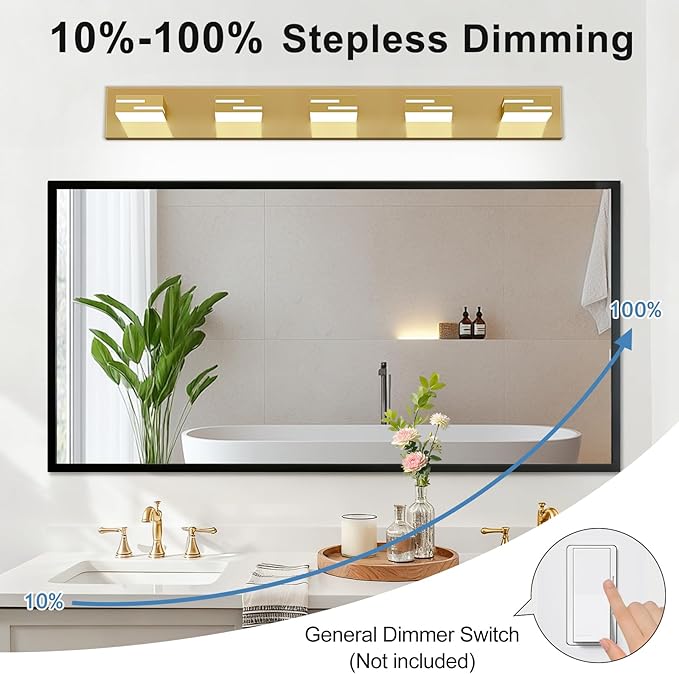 LED Modern Bathroom Vanity Light Fixtures, 5-Light 34-inch Dimmable Gold Vanity Lights for Bathroom Lighting Fixtures Over Mirror, with 360° Rotatable Heads (Cool White 6000K)