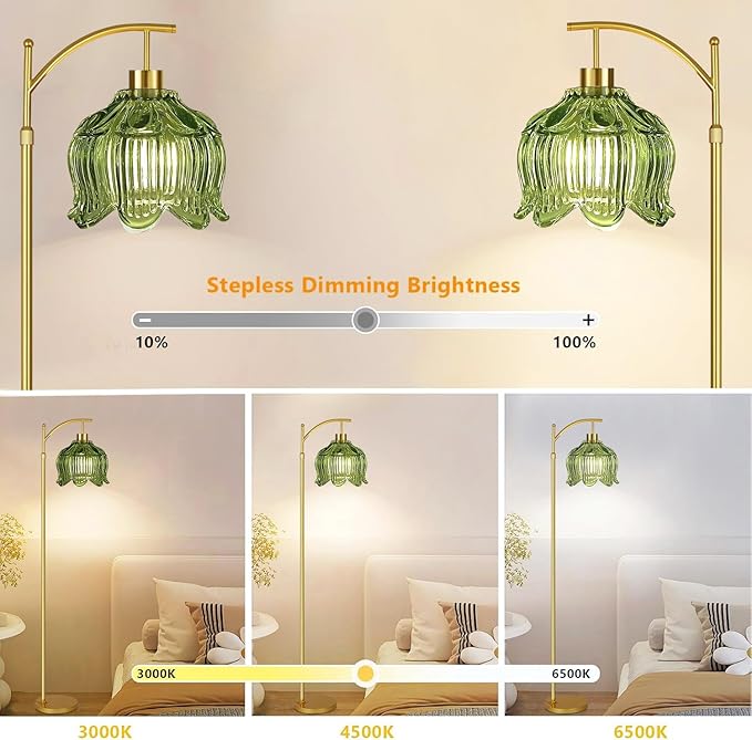 QIYIZM Glass Floor Lamp for Living Room,Bedroom,Gold Dimmable Standing Lamp with Remote,Mid Century Modern Brass Tall Lamp Boho Vintage Floor Lamps Arc Green Tulip Flower Floor Light Lamp Bohemian