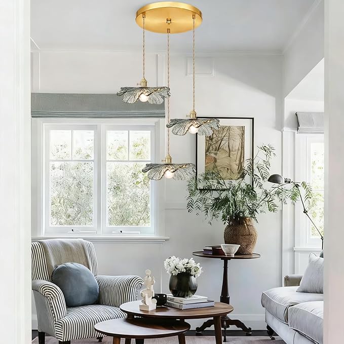 Gold Brass Chandelier 3-Light Retro Hanging Pendant Light Fixtures Dark Green Glass Shade Mid Century Modern Chandelier for Dining Room Farmhouse Living Room