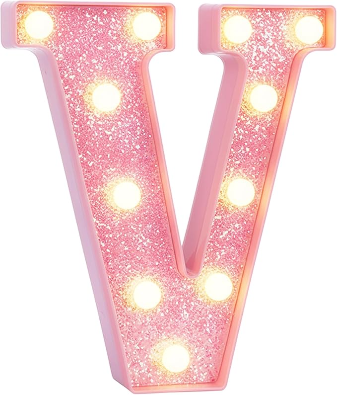 Pink Marquee Light Up Letters, Glitter Alphabet LED Letter Lights for Pink Birthday Party Decorations, Battery Operated Letter Sign for Girls Room Vanity Table Decor, Warm White Lights Letter V