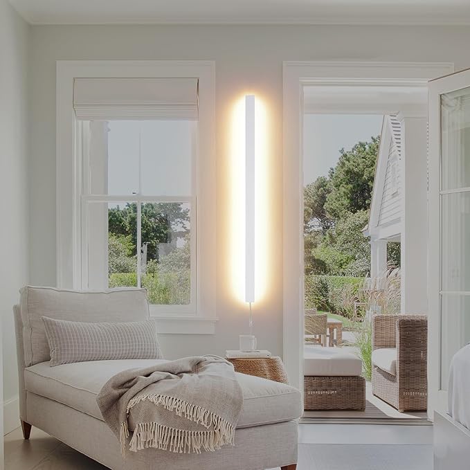 KELUOLY Modern Plug in Long Wall Sconce, 39.3" White Matte LED Wall Lights, 20W Warm White 3000K Acrylic Indoor Wall lamp, with 59" Plug Cable for Bedroom, Living Room, Hallway