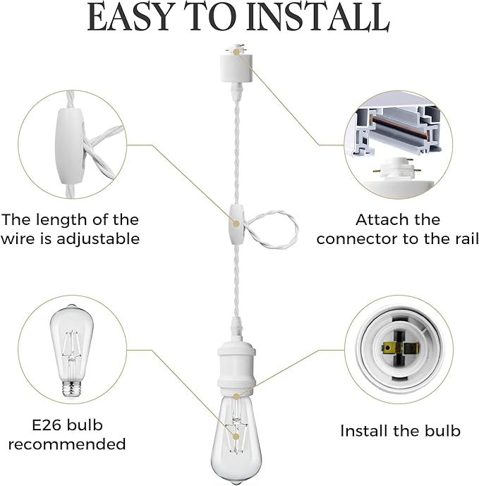 Universal H-Type Modern Pendant Track Lights Kit with 6 Bulbs,6-Pack White Track-Mounted Hanging Fixtures 4000K Natural Light Bulbs, E26 Socket for Kitchen Island and Dining Room