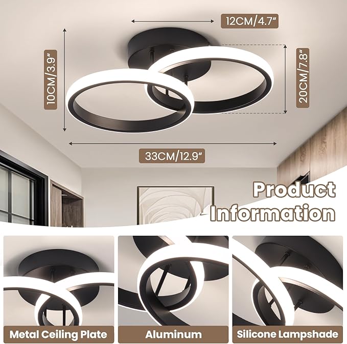 CANEOE 2 Packs Modern Led Ceiling Light Fixtures, 4500K Neutral Light Hallway Light Fixtures Ceiling, Black Bathroom Close to Ceiling Lights for Corridor Stair Aisle Lamps (Black, 2 Packs)