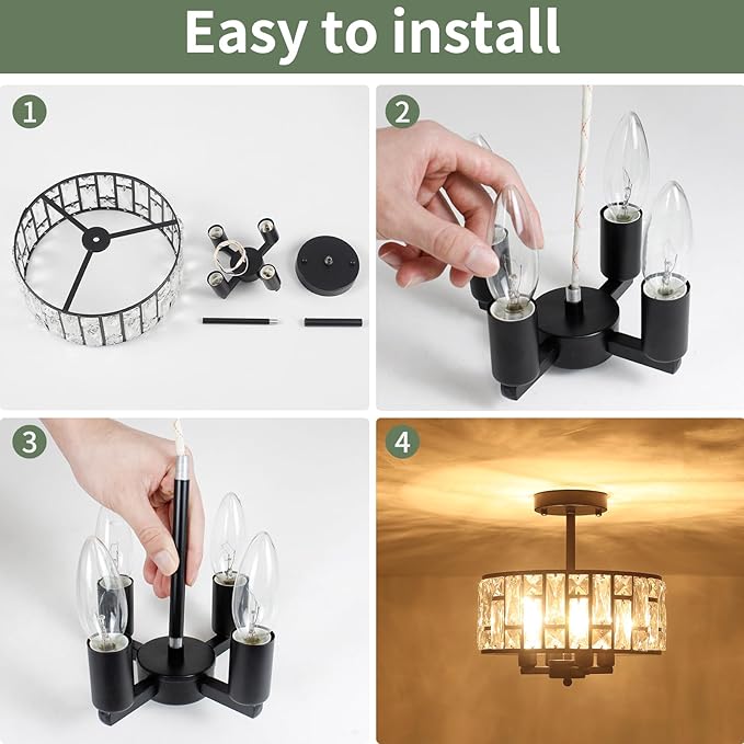 11.22’’ Crystal Ceiling Light Fixture, Black Semi Flush Mount Ceiling Light, 4-Light Modern Ceiling Light for Hallway Entryway Kitchen Bedroom Bathroom