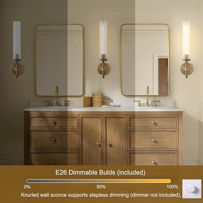 Brass Hardwired Frosted Glass Bathroom Wall Sconces 2 Pack, Modern 20'' Indoor Knurled Wall Sconce, Glass Vanity Light, for Living, Bedroom, Hallway, Staircases,Bulb Included