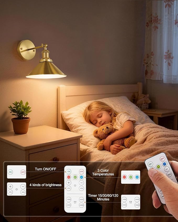 Bailoch Gold Vintage Wireless Battery Operated Wall Sconces, Rechargeable Cordless Battery Powered Led Wall Lights Set of 2, Wall Lamp Fixture Indoor with Remote Control for Bedroom Farmhouse Gallery