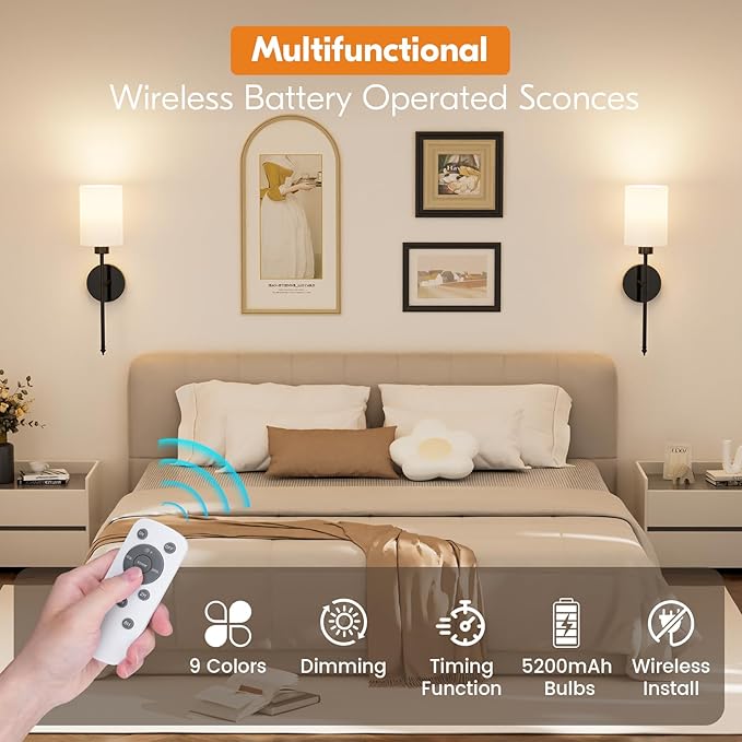 NIORSUN Battery Operated Wall Sconce Set of 2, Black Wireless Rechargeable Wall Lights with 5200mAh Dimmable Detachable Bulbs and Remote, 9 Colors Sconces Wall Decor for Bedroom Living Room Hallway