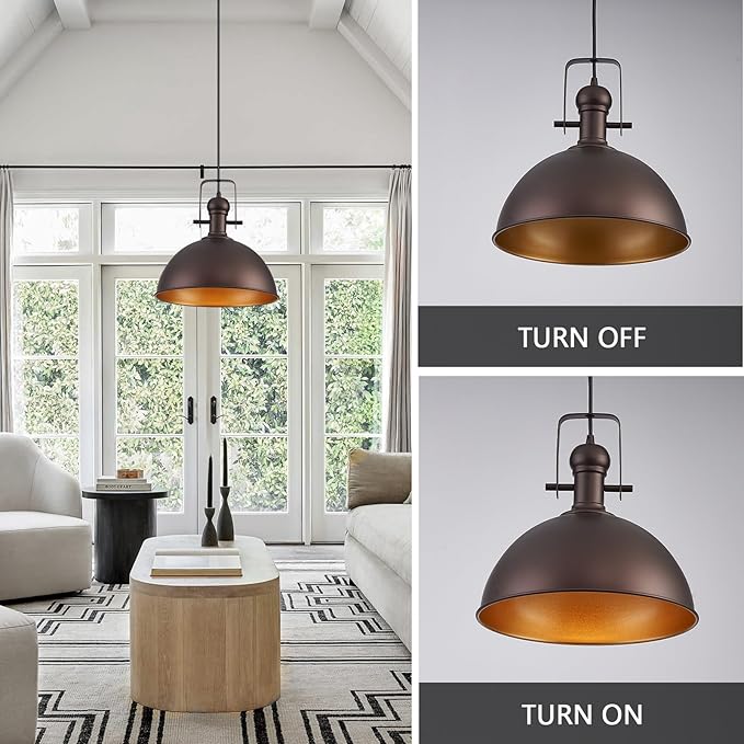 12 Inch Oil Rubbed Bronze Farmhouse Pendant Lights Large Pendant Lights for Kitchen Island Industrial Adjustable Height Vintage Big Dome Hanging Light Fixtures for Barn, Dining Room 2 Packs