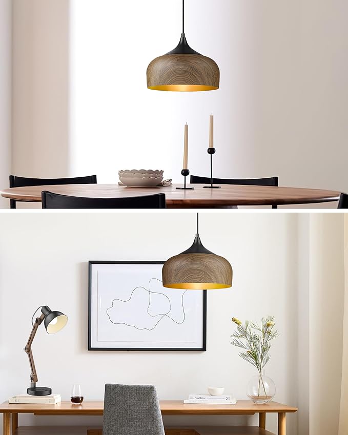 ELYONA Modern Pendant Light Walnut Wooden Pattern Dome Pendant Light Fixture Matte Black Metal Gold Inner Finish Adjustable Hanging Lighting for Kitchen Island Dining Room Office Hallway Foyer Bedroom