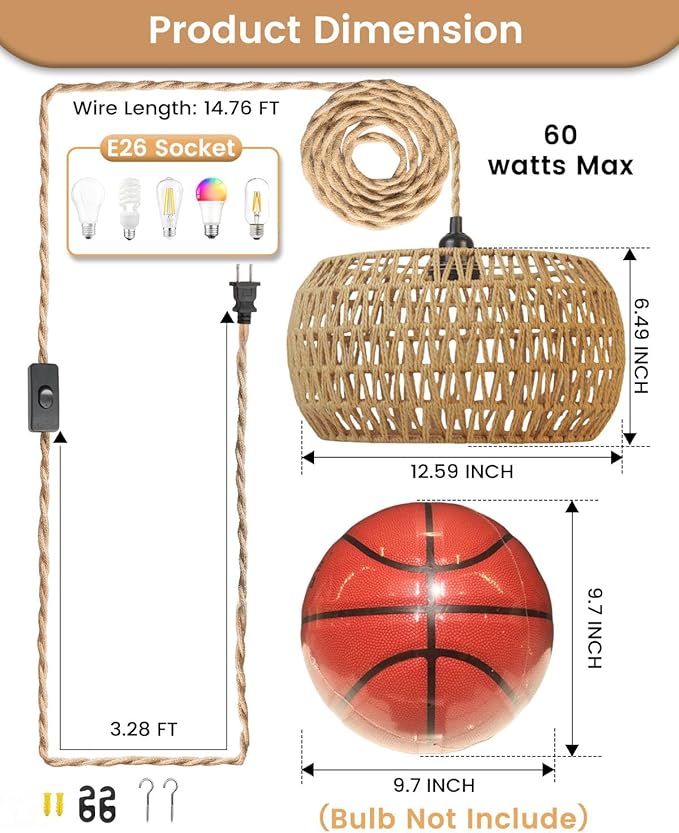 Rattan Boho Hanging Light,12.6'' Natural Hand Woven Fabric Drum Light,Plug Into Wall Outlet Pendant Light Fixture On/Off Switch for Dining,Living Room,Bedroom,Kitchen,Hallway Entryway, Without Bulb