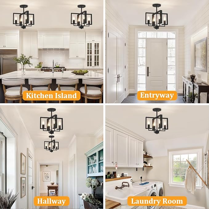 TOULMJ Black Semi Flush Mount Ceiling Light Fixture, 4-Light Farmhouse Hallway Light Fixtures Modern Light Fixture Metal Geometric for Kichen Island Entryway Dining Laundry Room, 12.6 in