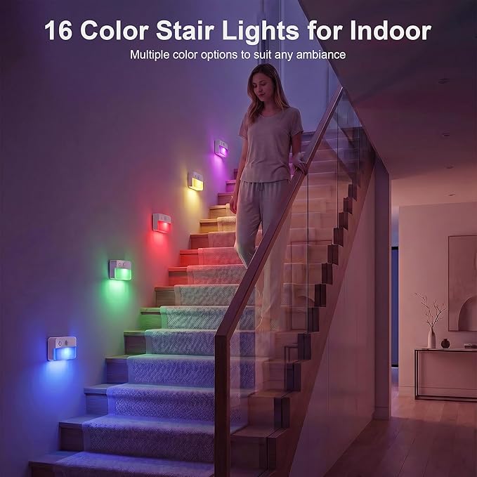 3 Pack Rechargeable Motion Sensor Stair Lights for Indoor, Wireless RGB Battery Operated Night Light, Magnetic Led Stick On Portable Lamp for Step Hallway Closet Under Cabinet Bedroom Kitchen Bathroom