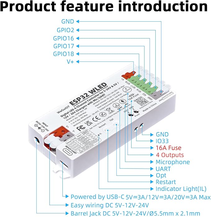 ESP32 WLED Controller with 16A Fuse for 5V-24V LED Strip Dynamic RGB IC DIY Port 4 Channel WiFi Controller App Control Easy Wiring FCOB Addressable Strip Light (DOM-WLE-18P with Mic/UART)