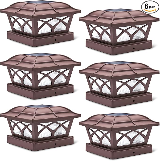 SIEDiNLAR Solar Post Cap Lights Outdoor Glass 2 Color Modes 8 LEDs for 4x4 5x5 6x6 Posts Deck Fence Patio Decoration Warm White & Cool White Lighting Brown (6 Pack)
